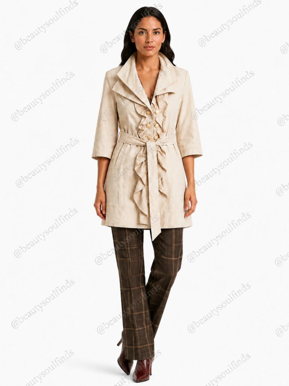 Venezia-Milano Cream Ruffle Belted Trench Coat Leopard Lining Size Medium